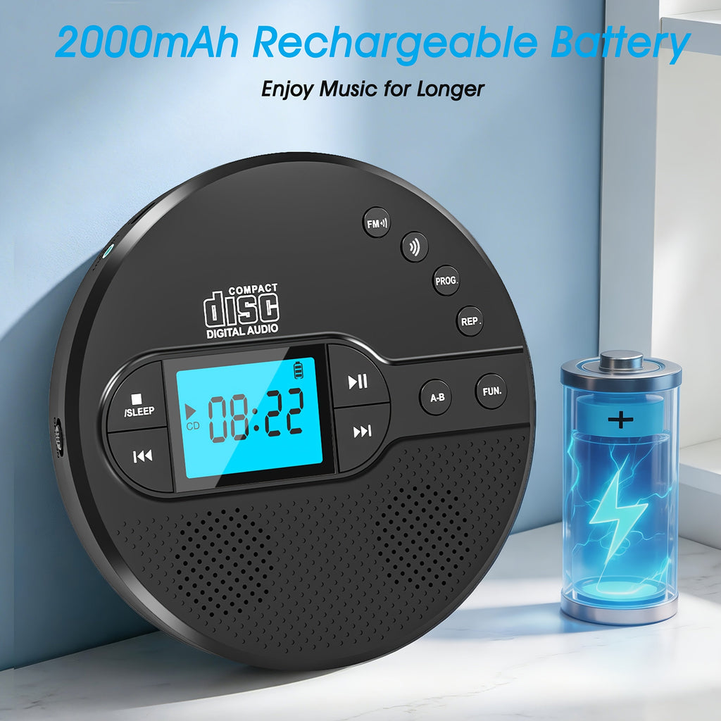 Portable CD Player with FM Transmitter & Built-In Speaker Rechargeable CD RW MP3 LCD Display Anti-Skip Stereo Sound for Desk & Headphone Use – Black