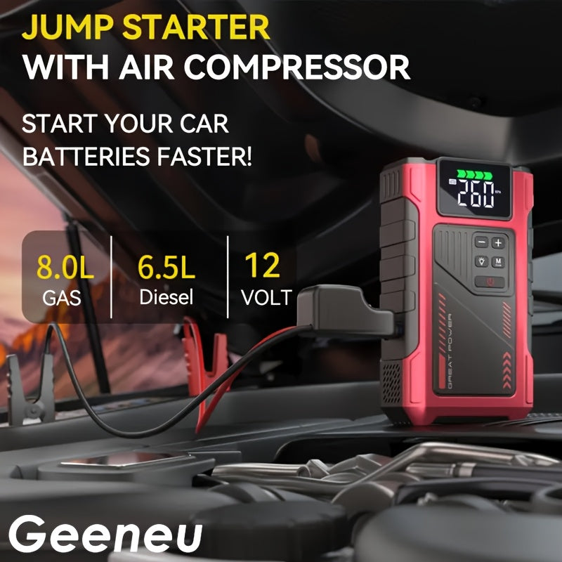 9-in-1 Portable Jump Starter with Air Compressor for 12V Vehicles (Up to 8.0L Gas / 6.5L Diesel) – Battery Booster Pack with Tire Inflator, USB Power Bank, LED Emergency Light & Roadside Kit