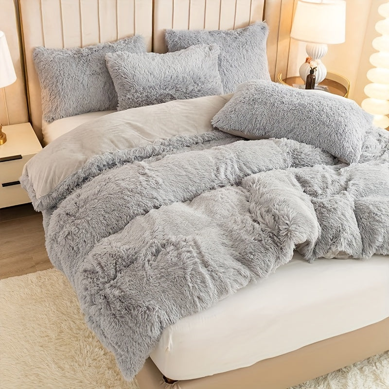Plush Duvet Cover Set 3 Piece, Long Hair Knitted Polyester, Solid Color Fuzzy Comforter Cover with Zipper Closure, All-Season Soft Cozy Bedding Set for Bedroom, Multiple Colors Available