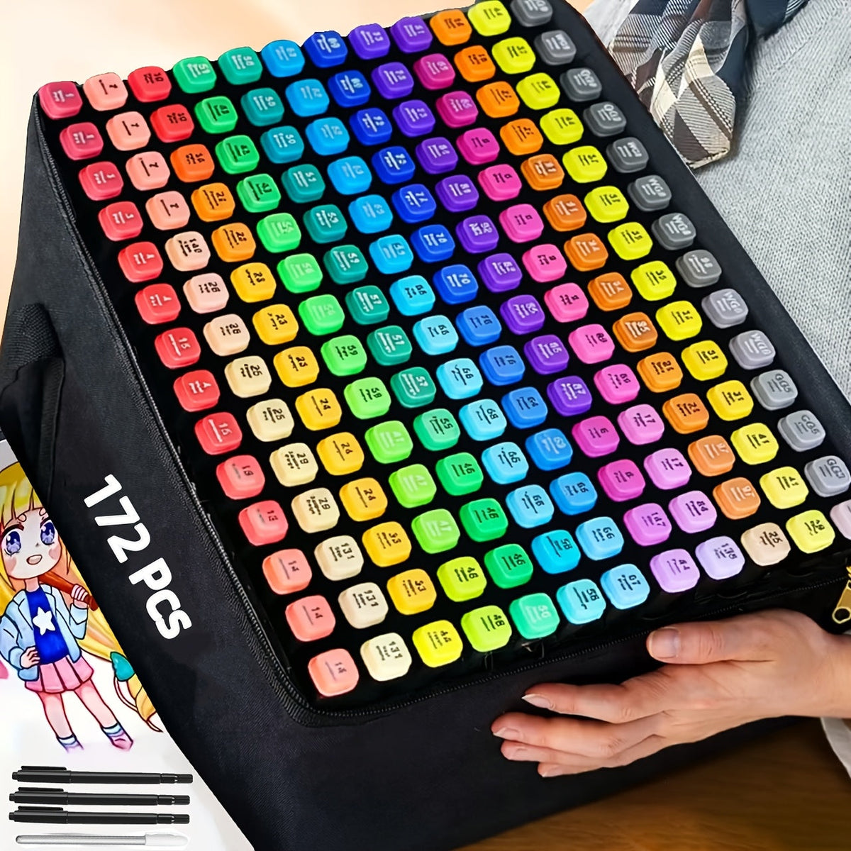 Dual Tip Alcohol Markers Set with Carrying Case, 32 to 172 Colors – Professional Artist Markers for Drawing, Sketching, Card Making, Illustration, and Adult Coloring with Custom Packaging Bag Option
