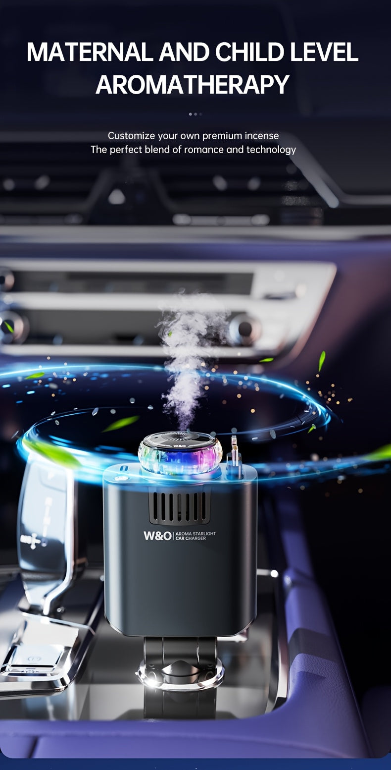 3-in-1 Car Charger, Air Freshener & Starry Sky Projector – Dual 80cm Retractable Type-C & Lightning Cables, Aromatherapy Diffuser for iPhone 16/15 and Samsung S25/S24, Premium Car Interior Upgrade Gift