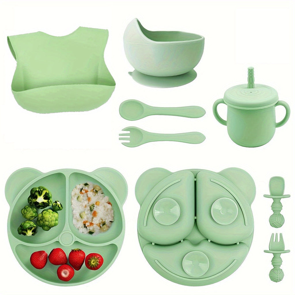 10-Piece BPA-Free Silicone Baby-Led Weaning Feeding Set, Baby & Toddler Self-Feeding Tableware with Suction Divider Plate, Spoon, Fork, Straw Cup & Bib, Green, Blue, Pink & Beige