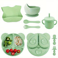 10-Piece BPA-Free Silicone Baby-Led Weaning Feeding Set, Baby & Toddler Self-Feeding Tableware with Suction Divider Plate, Spoon, Fork, Straw Cup & Bib, Green, Blue, Pink & Beige