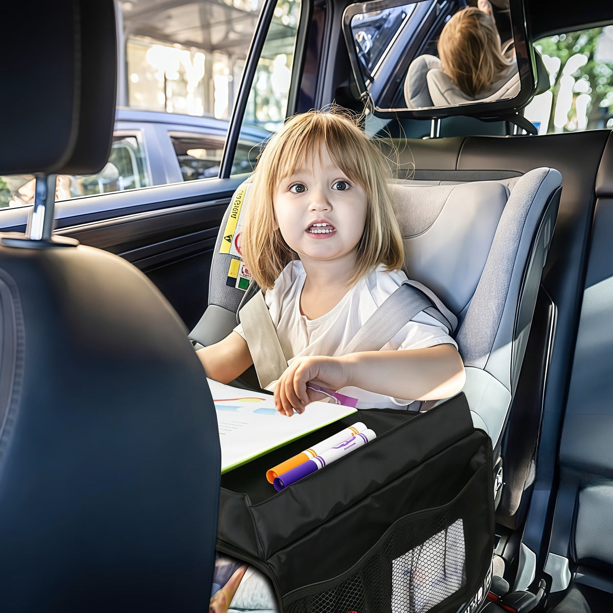 Foldable Kids Car Seat Travel Tray with Storage Pockets, Expandable Polyester Backseat Organizer for Children, Lightweight Lap Desk for Car, Airplane & Home Use, 1 or 2 Pack