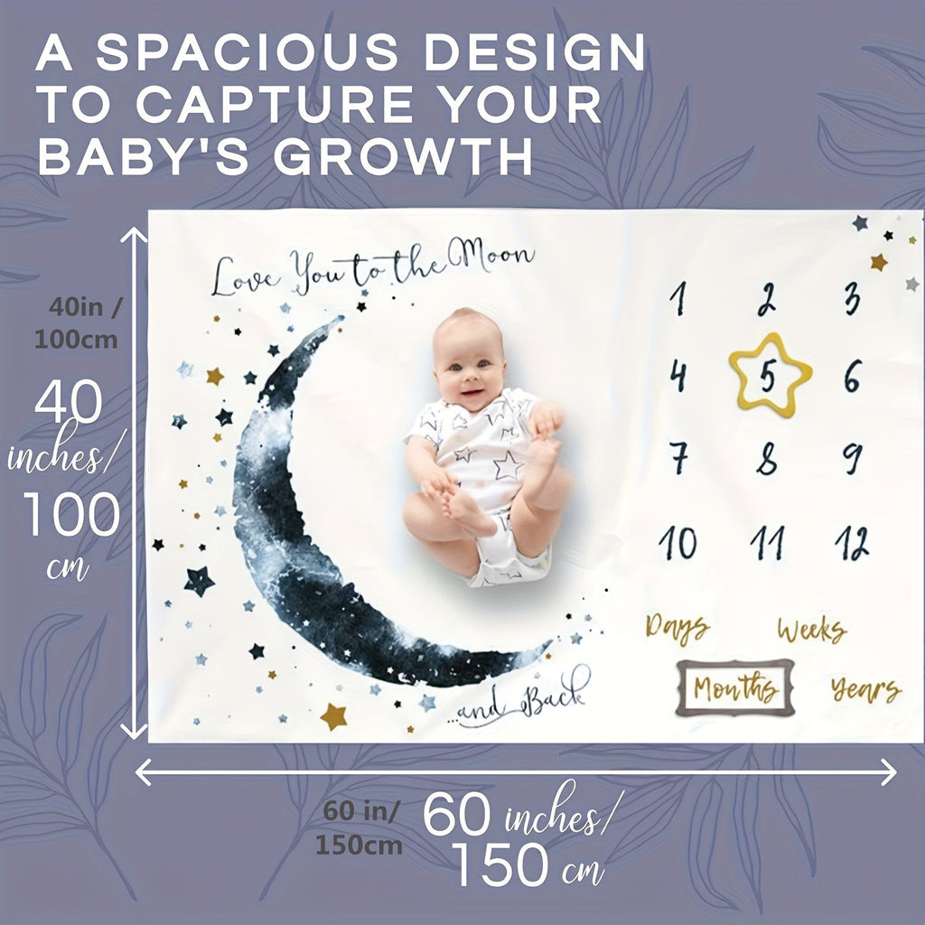 Baby Milestone Blanket for Boys, 60"x40" Extra Large Moon Design Monthly Growth Chart Blanket, First Year Calendar Photo Prop for Newborn & Infant Monthly Photo Shoots