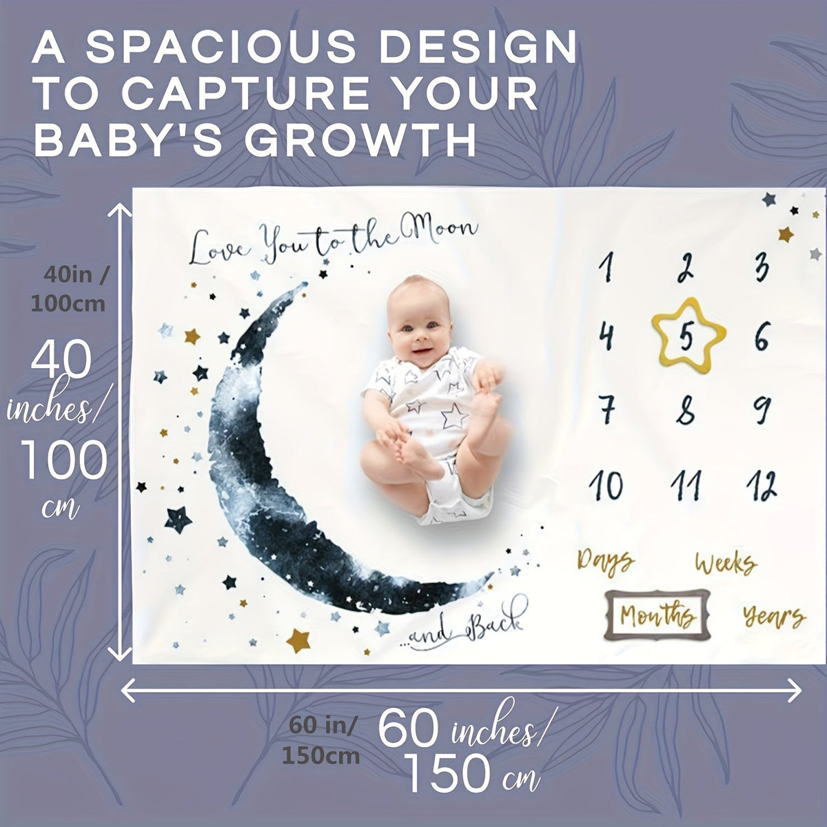 Baby Milestone Blanket for Boys, 60"x40" Extra Large Moon Design Monthly Growth Chart Blanket, First Year Calendar Photo Prop for Newborn & Infant Monthly Photo Shoots