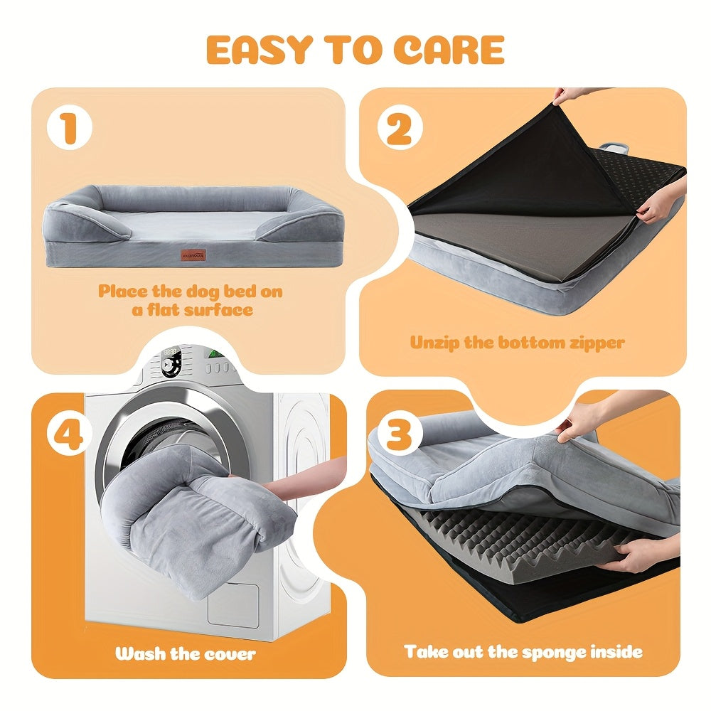 Extra Large Dog Sofa Bed, 100% Supportive Foam, 4-Sided Bolster, Removable Washable Cover, Non-Skid Bottom, Joint Support, Soft Warm Pet Couch Bed, Grey, M/L/XL/XXL, All Breeds