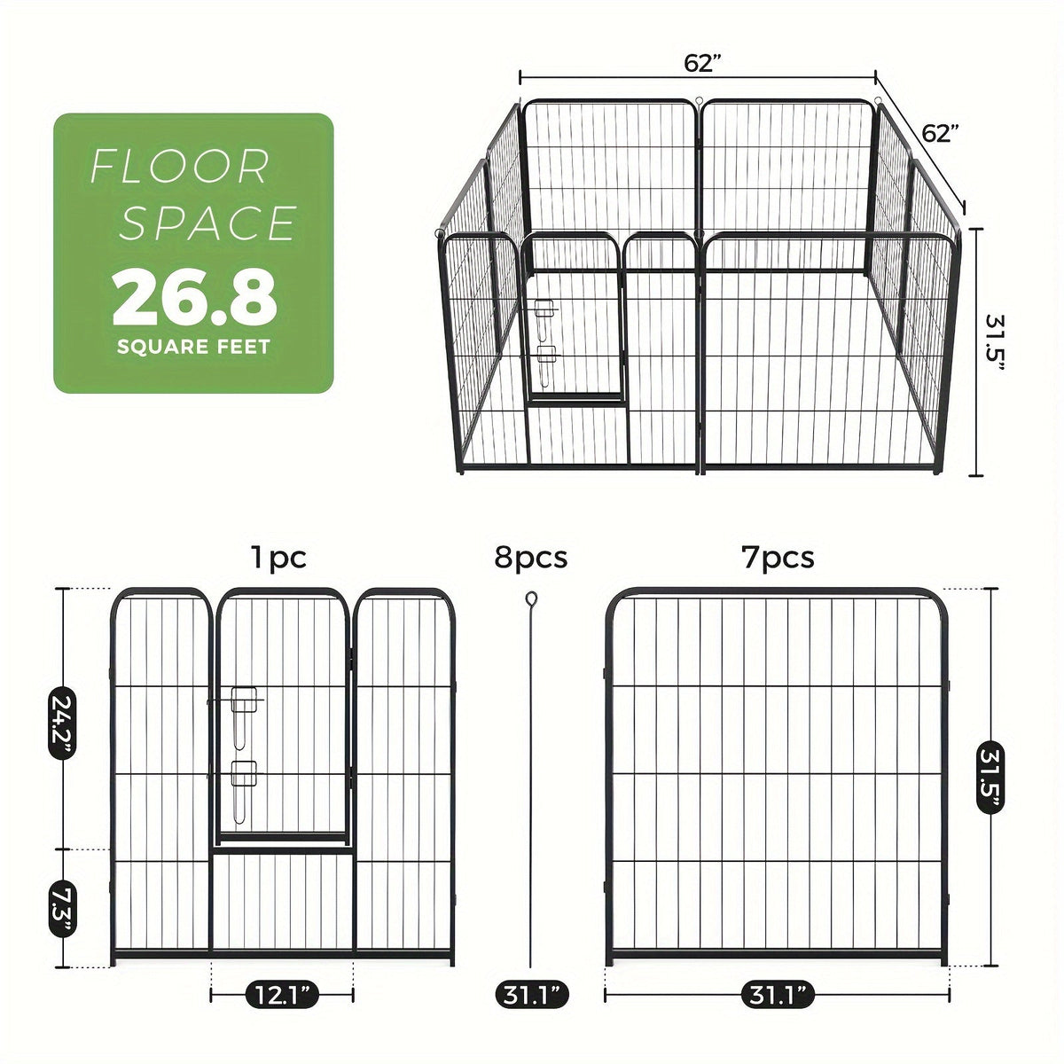 Dog Playpen 8 or 16 Panel DIY Metal Kennel with Door for Large, Medium, and Small Dogs – 24, 32, 40 Inch Indoor/Outdoor Puppy Pen, Easy to Assemble & Move