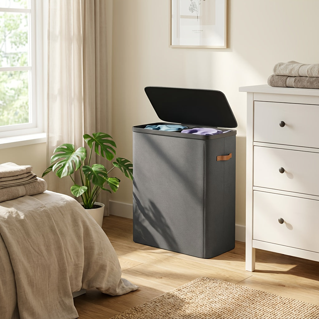 44.9 Gal Large Capacity Laundry Hamper with Lid & Handles Dual Removable Compartment Bags Fiberglass Rod Frame Easy Assembly – Dove Gray Ink Black Beige