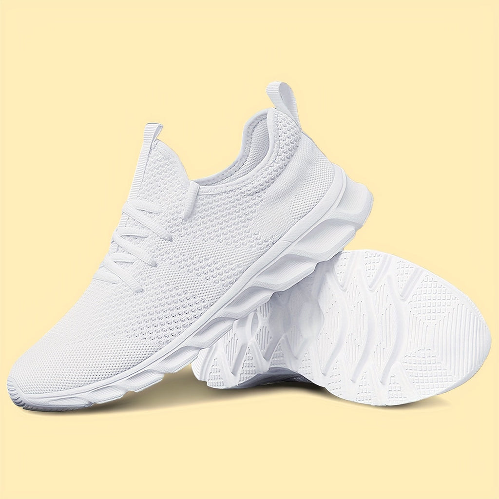 Men's Lightweight Breathable Knit Mesh Sneakers, EVA Sole Low-Top Lace-Up Running Walking Shoes, White Red Black Round Toe, All-Season Gym Travel Daily Wear, Sizes US 6-13.5