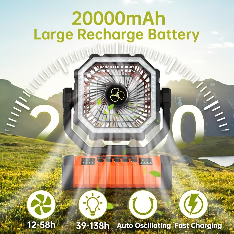 20000mAh Rechargeable Camping Fan with Built-in LED Light, Tent Hook, USB Charging, Portable Battery-Powered Outdoor Cooling Fan for Camping, Hiking, Power Outages, and Construction Sites - Orange Upgraded Model