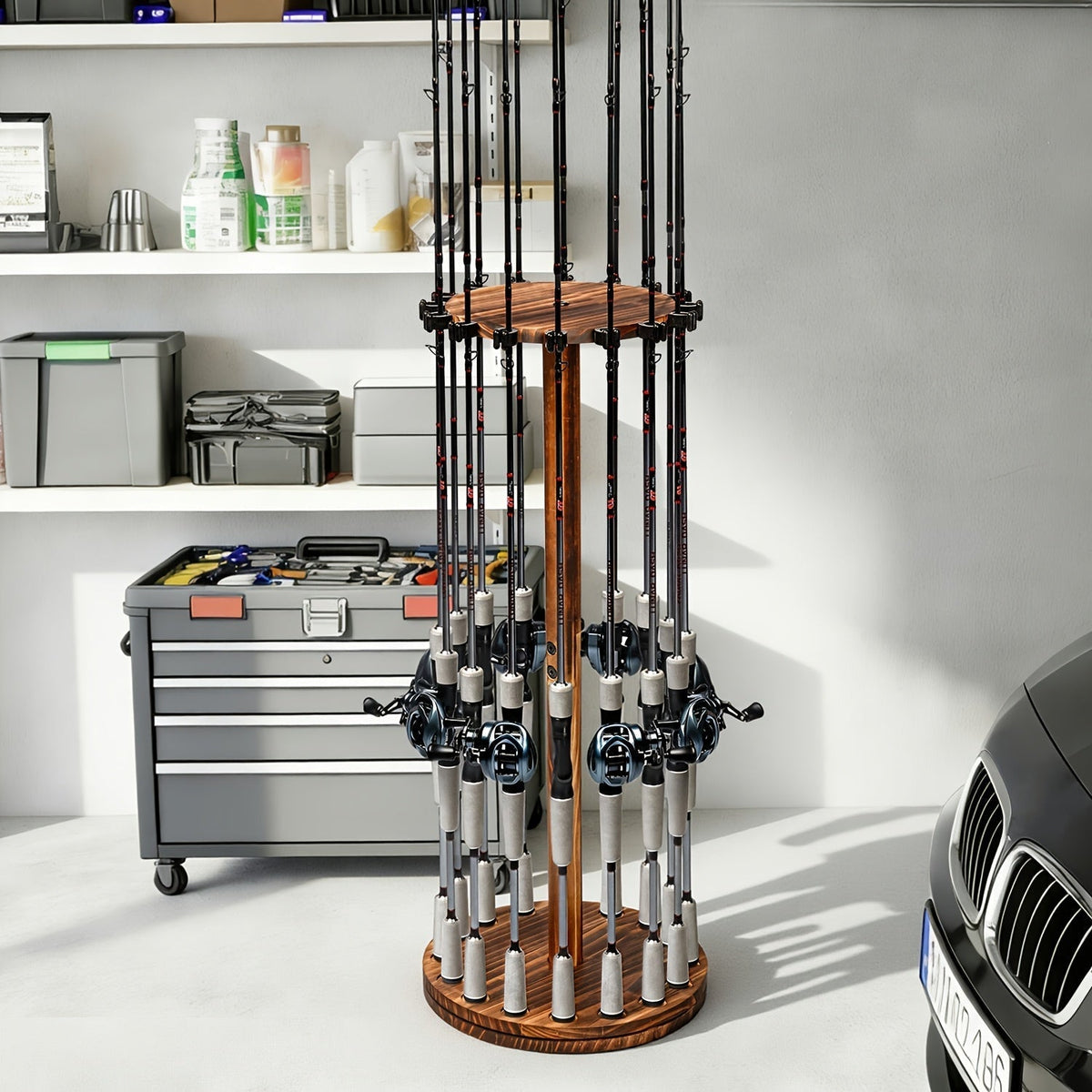 Circular Wooden Fishing Rod Rack Holds 16 Rods, Space-Saving Fishing Pole Organizer for Garage, Shed, Man Cave – 360° Rotating & Fixed Options, Sturdy Wood Construction, Fisherman Gift