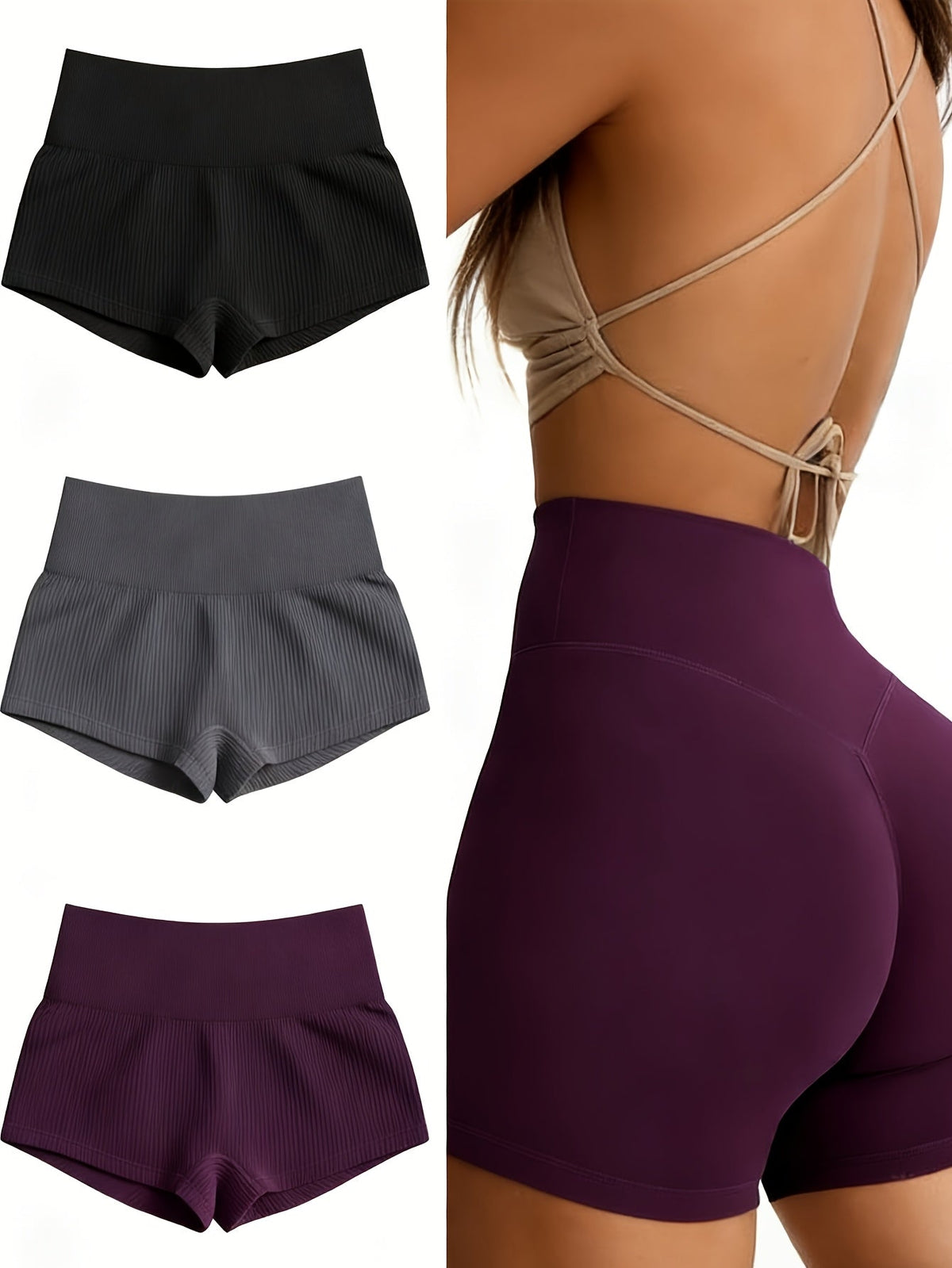 Women's 3-Pack High-Waist Seamless Yoga Shorts, Nylon Stretch Workout Shorts for Gym, Running, Cycling, Sports Activewear, S-XL