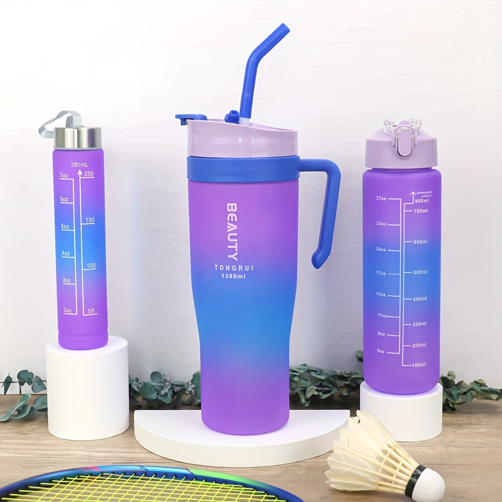 3-Pack Water Bottle Set 46oz 27oz 9.5oz with Straw Lid & Handle – BPA-Free Insulated Travel Cups for Gym, Hiking, Camping, Fitness & Outdoor Sports, Leak-Proof Reusable Drinking Bottles