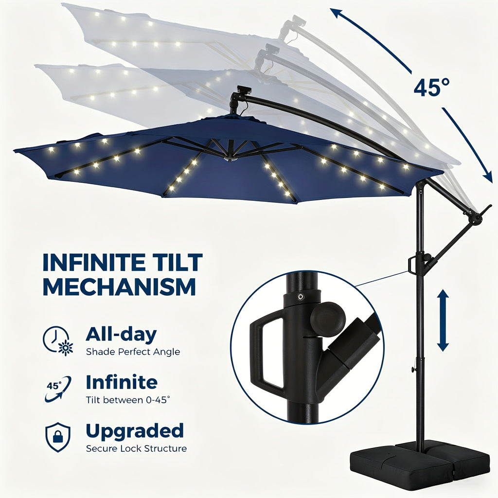 10ft Solar LED Offset Cantilever Patio Umbrella with Base, UPF50+ UV Protection, 32 LED Lights, 8-Rib Steel Frame, Easy Tilt & Crank, Wind-Resistant, for Garden Deck Backyard Pool