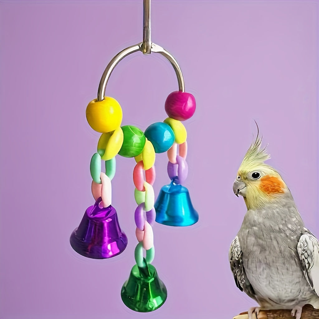 Parrot Colorful Bead & Bell String Chew Toy - Interactive Bird Foraging Chain Toy for Boredom Relief & Intelligence Development - Bird Cage Toy for Parrots, Parakeets, Cockatiels, and Budgies (Random Color)