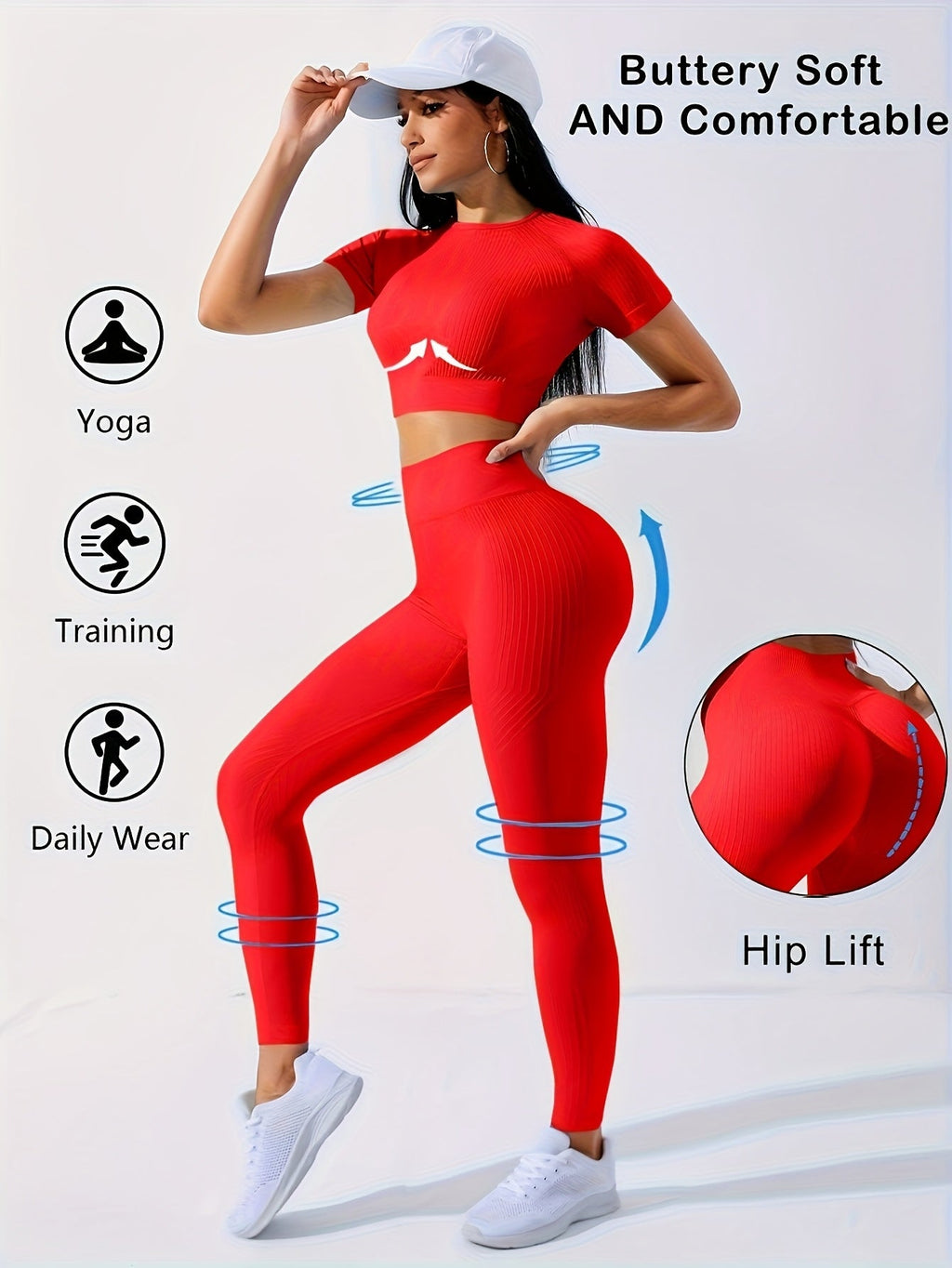 Women's 2-Piece Workout Set - Yoga Crop Top & High-Waisted Leggings, Crew Neck Medium-Stretch Solid Color All-Season Activewear for Gym Fitness Pilates Running, Sizes XS-XL