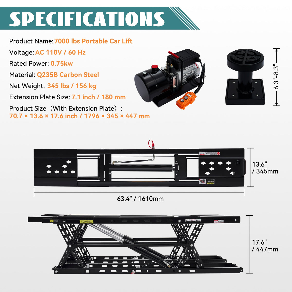 Portable Car Lift 5000–8000 LBS Capacity Hydraulic Low-Profile Jack Stand 26–28" Max Lift Height for Home Garage Auto Repair Shop & Workshop – Black or Orange
