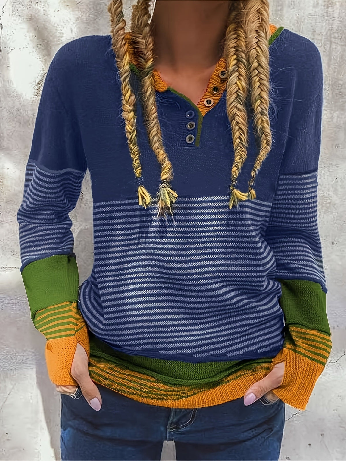 Women's Y2K Striped Color Block Crew Neck Pullover Sweater with Button Detail | Casual Fall Winter Asymmetrical Knit Top Navy S M L XL XXL