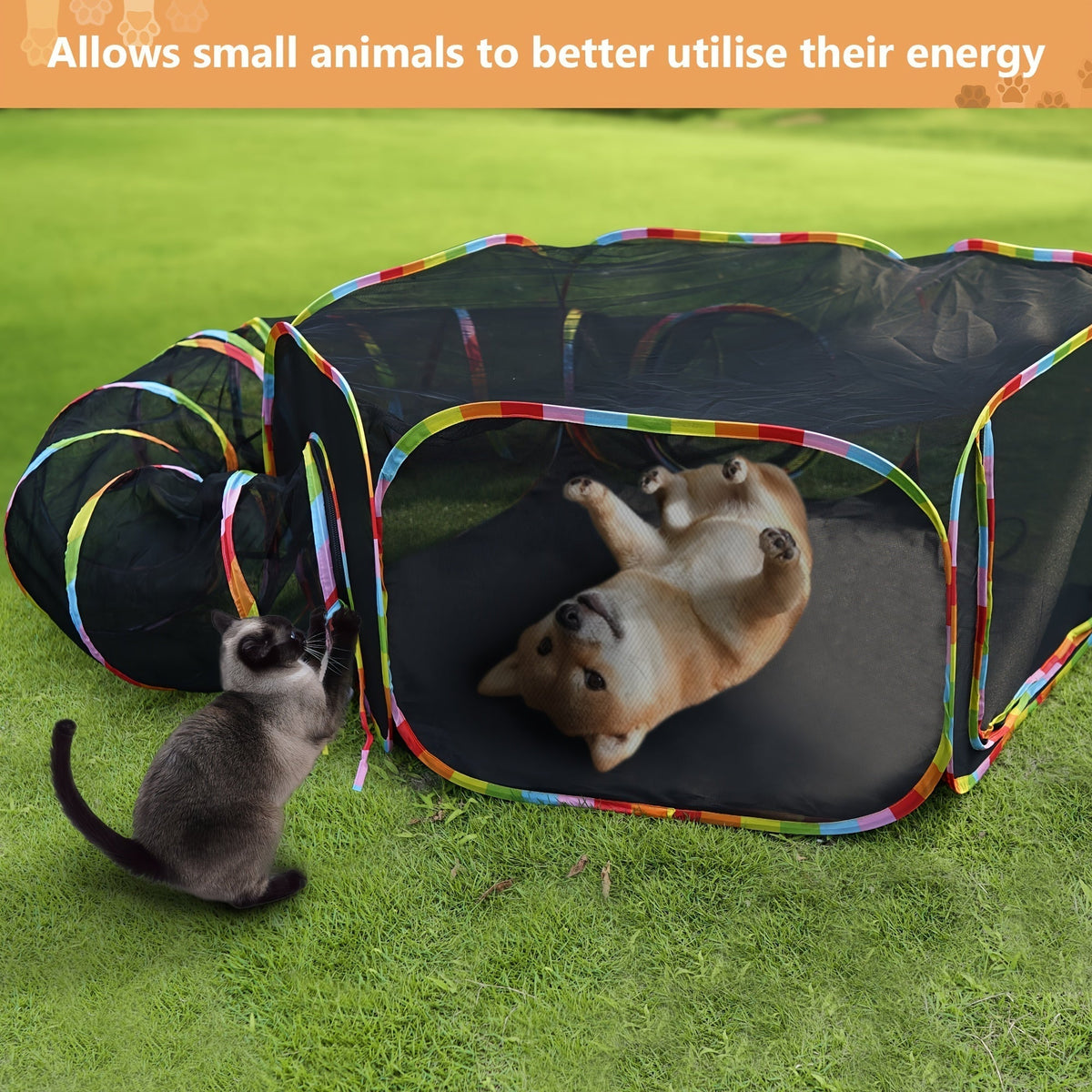 Rainbow Cat Playpen Outdoor Cat Enclosure with Circle Tunnel and Portable Pop-Up Tent, Foldable Cat Playground for Cats, Kittens, and Small Animals, Indoor/Outdoor Use