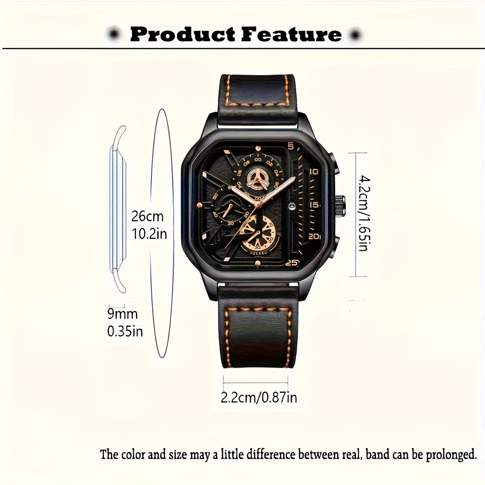 2pcs Men's Watch Set: Sports Triangle Dial Silicone Strap and Retro Square Dial Quartz Watch with Date Display, Casual Dress Watches for Valentine's Day or Father's Day Gift