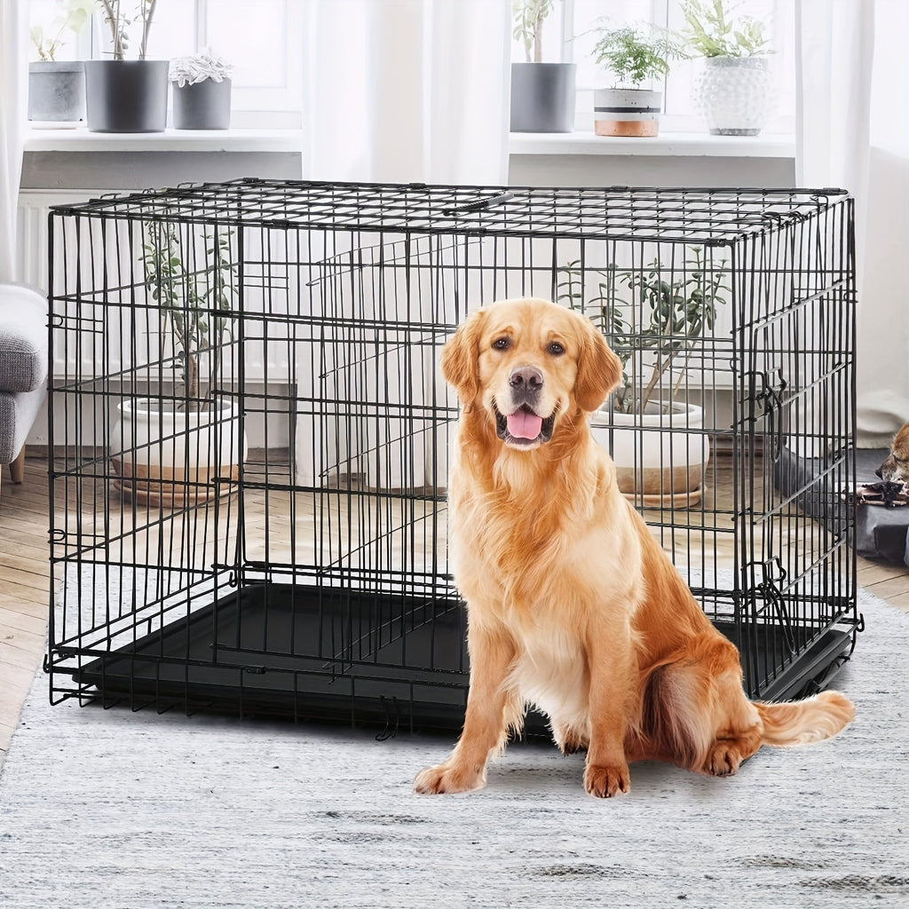 Double Door Folding Metal Dog Crate 42 48 Inch with Divider, Leak-Proof Tray, High-Temp Paint Finish, Wire Kennel for Medium to Large Dogs, Indoor/Outdoor, Black/Blue/Pink