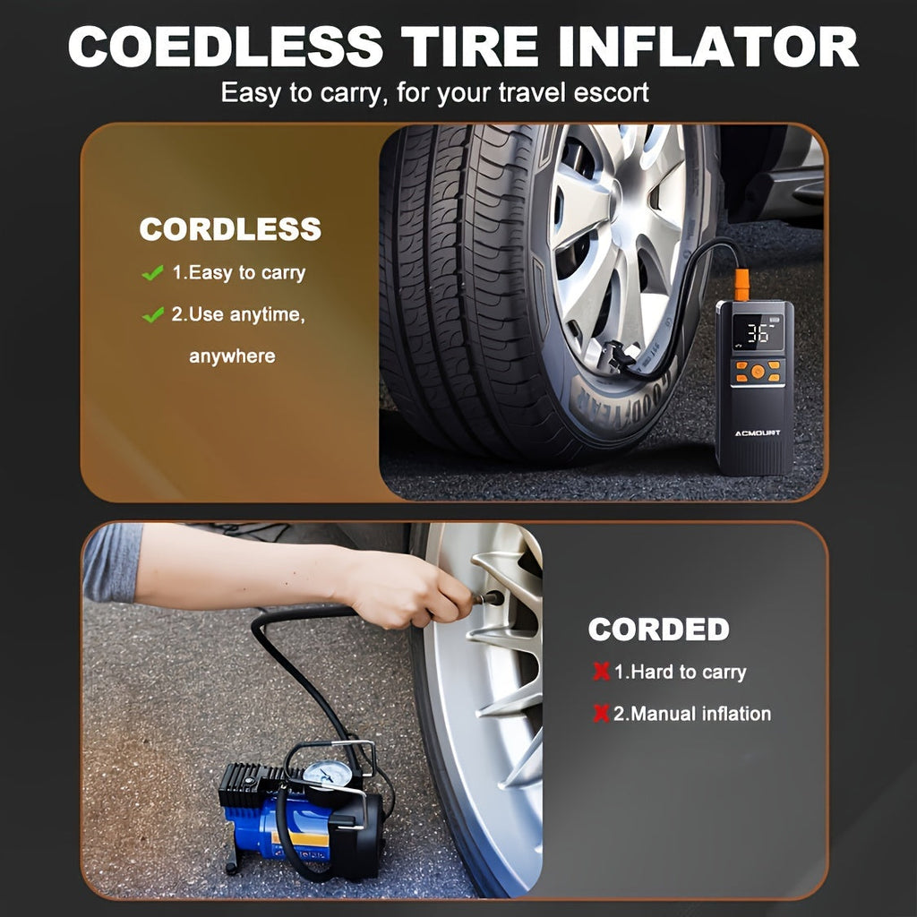 Portable Tire Inflator Air Compressor 150PSI Cordless – 2X Faster Inflation, Digital Pressure Gauge, LED Light for Cars, Bikes, Motorcycles, and Balls, Rechargeable Auto Air Pump