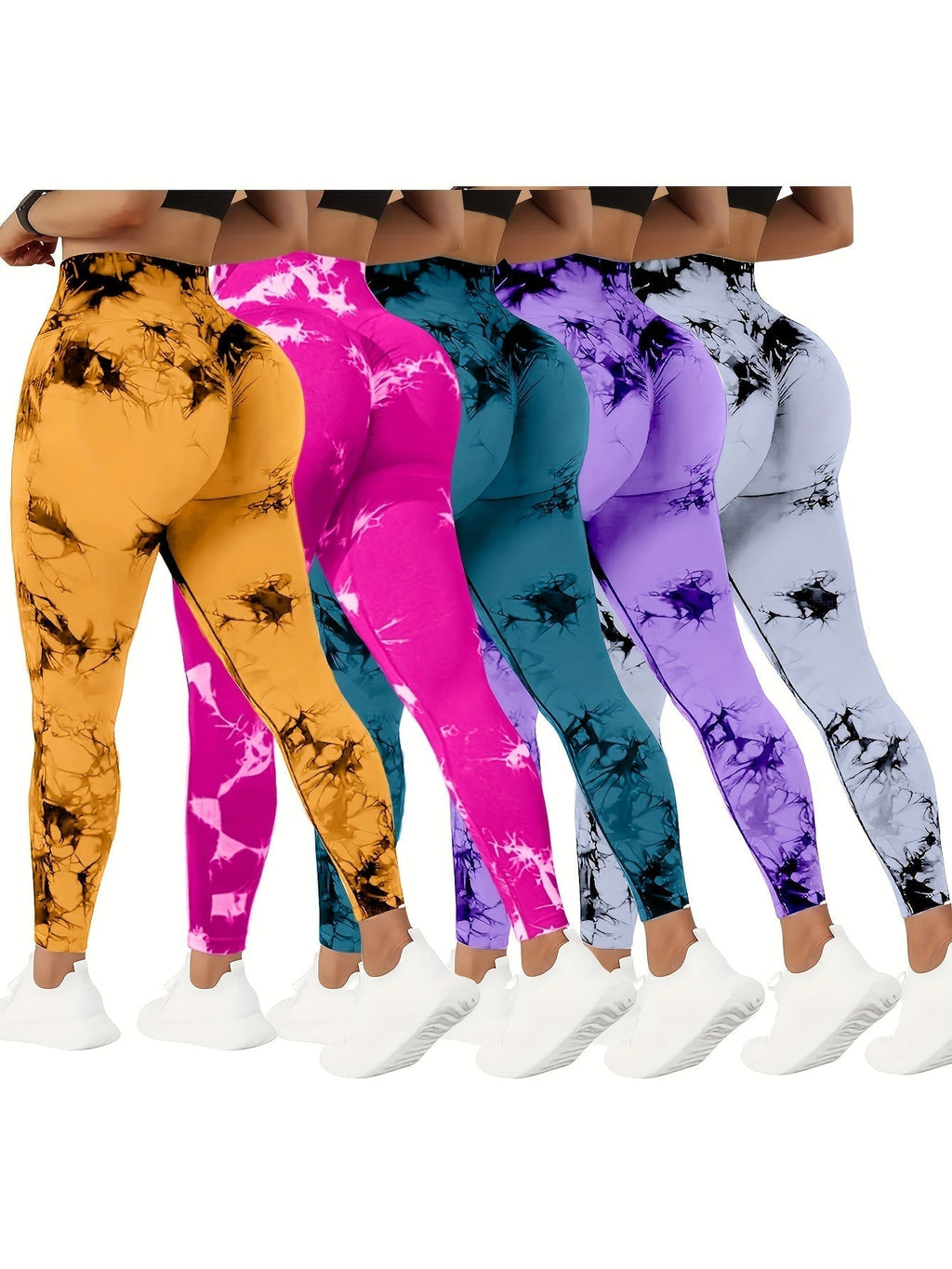 5-Pack Women's High-Waisted Yoga Pants with Tummy Control, Tie-Dye Stretchy Fitness Leggings, Peach Lift Running Tights, All-Season Activewear in Various Colors
