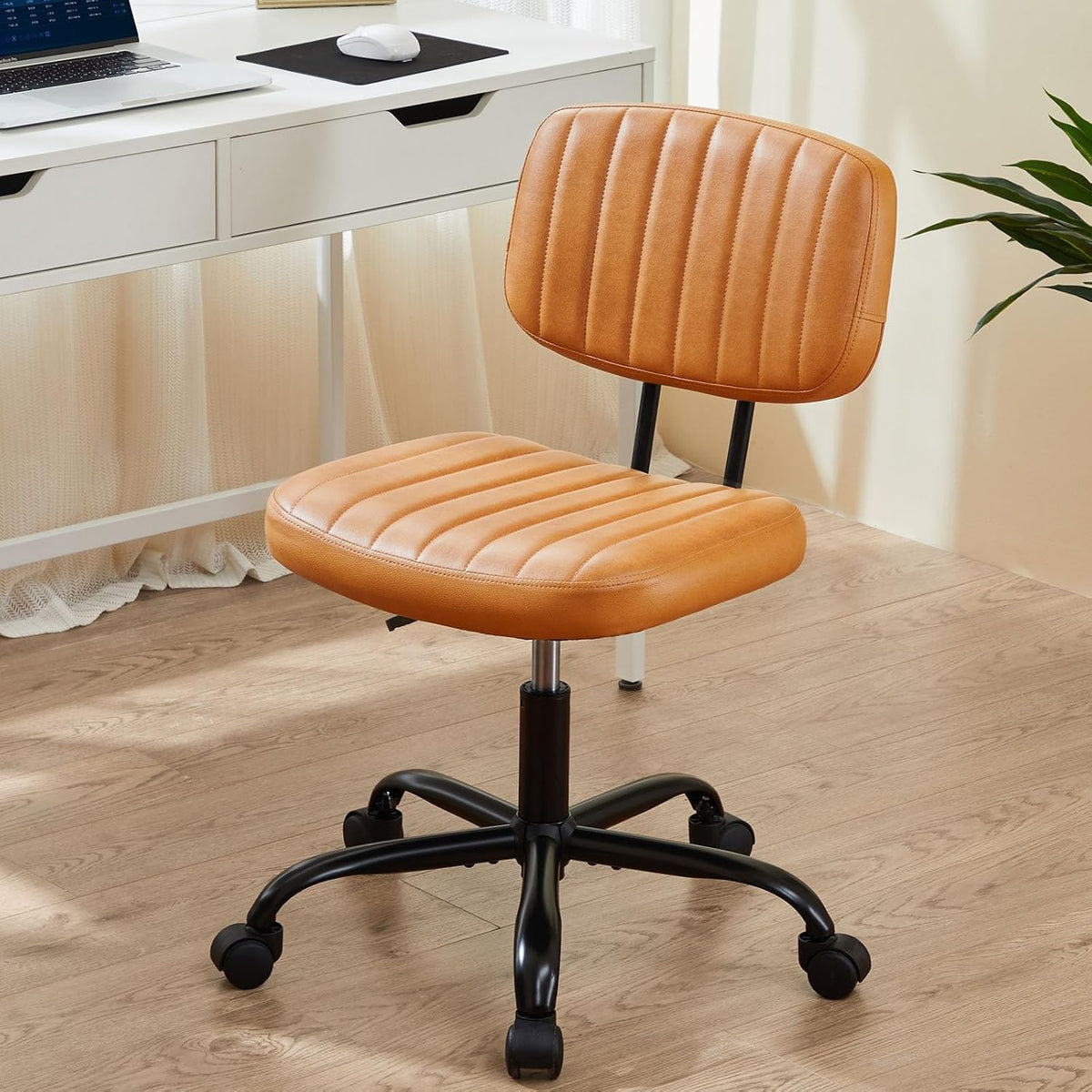Armless Desk Chair PU Leather with Lumbar Support – Height Adjustable Rolling Swivel Task Chair for Home Office Bedroom Vanity Students Adults