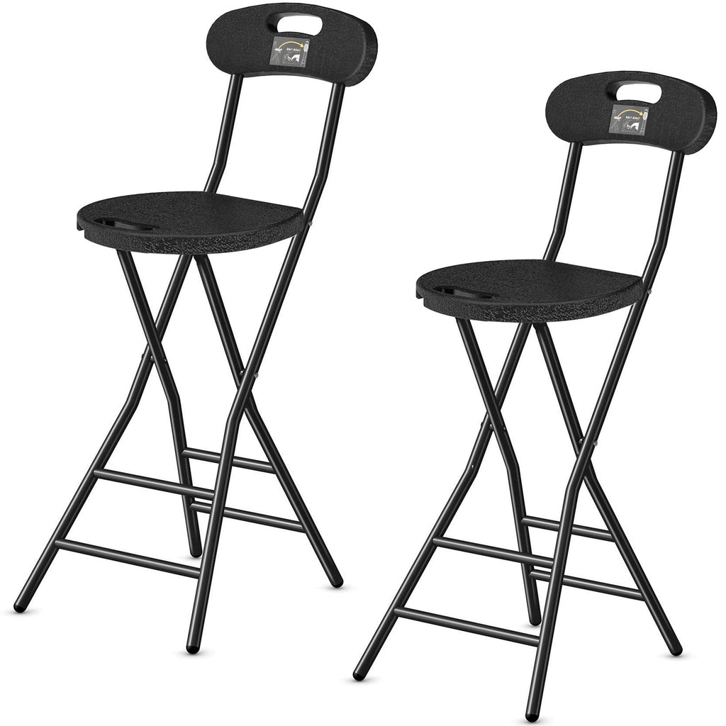 Folding Bar Stool 2-Pack - 24", 350 lbs Capacity, Alloy Steel, Backrest, 2-Height Footrest, Hinge Lock & Handle - Kitchen, Bar, Camping & Outdoor - Black