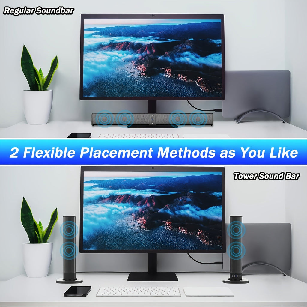 2-in-1 Detachable Soundbar - 20W, Bluetooth/TF/AUX/FM/RCA/TWS, Wireless Flat & Wired Tower Modes, Volume Control - TV, PC, Gaming & Projectors - Black