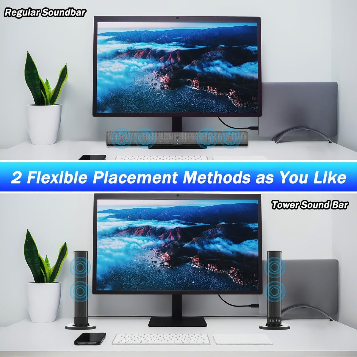 2-in-1 Detachable Soundbar - 20W, Bluetooth/TF/AUX/FM/RCA/TWS, Wireless Flat & Wired Tower Modes, Volume Control - TV, PC, Gaming & Projectors - Black