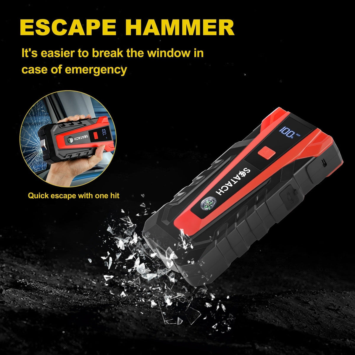 Car Jump Starter with Air Pump & Digital Tire Pressure Gauge – 12V Portable Emergency Starter for Cars, Trucks, SUVs, RVs & Motorcycles, LED Display, SOS Light & Window Breaker