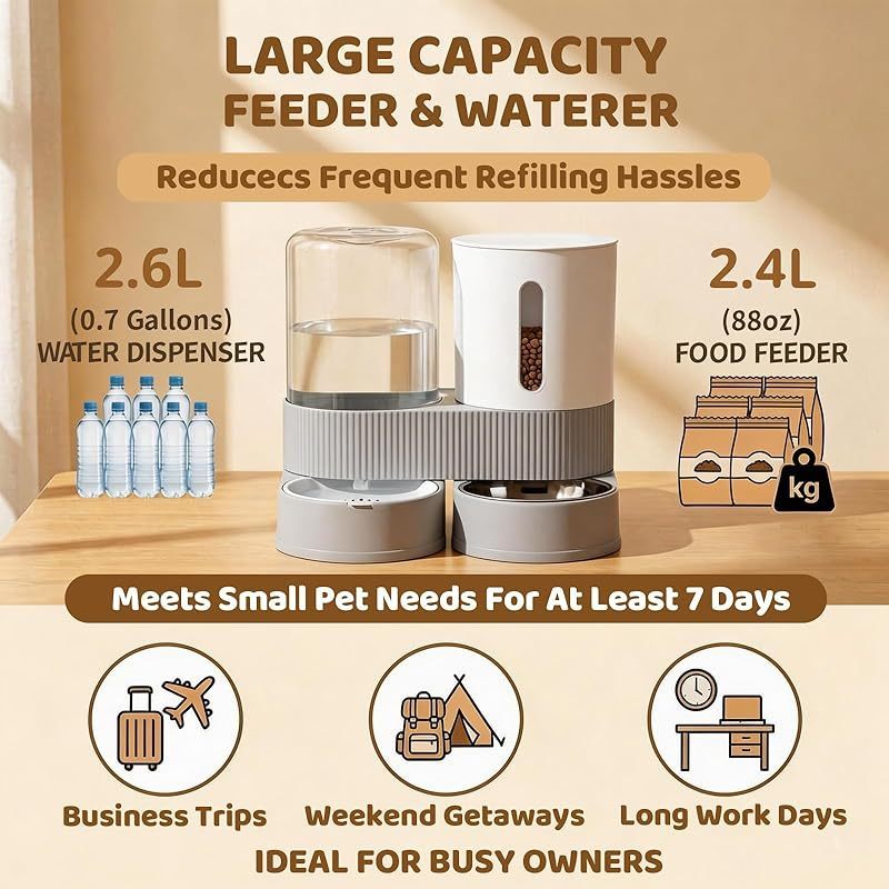Gravity Cat Feeder 2 Pack - Automatic Food Feeder and Water Dispenser Set with Detachable Pet Bowl & Silicone Mat for Cats, Small to Medium Dogs, Large Capacity Gravity-Fed No Electricity Needed Pet Feeding Station