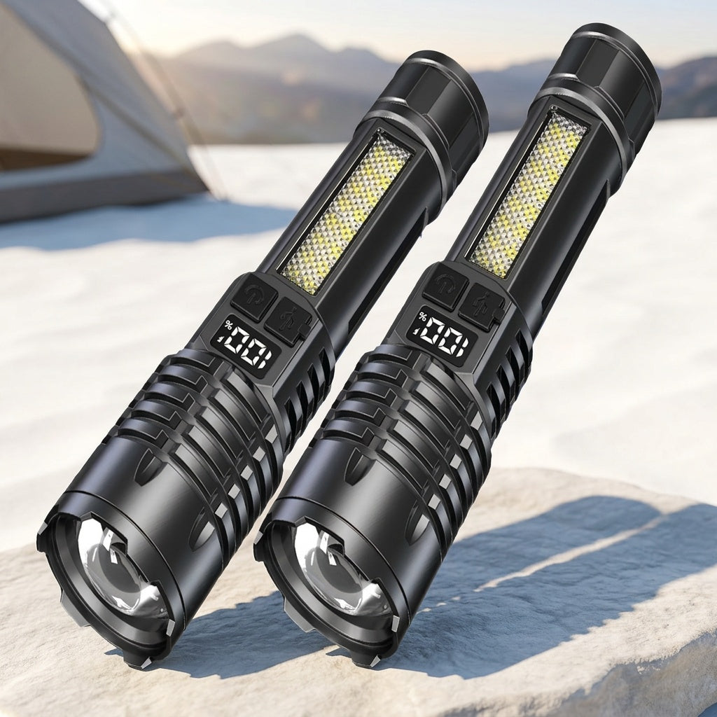 Rechargeable Tactical Flashlight 2-Pack, USB COB LED – Ultra Bright, 5 Modes, Zoomable, 200-500M Beam, LCD Display, for Camping, Fishing, Hunting, Cycling, and Emergencies