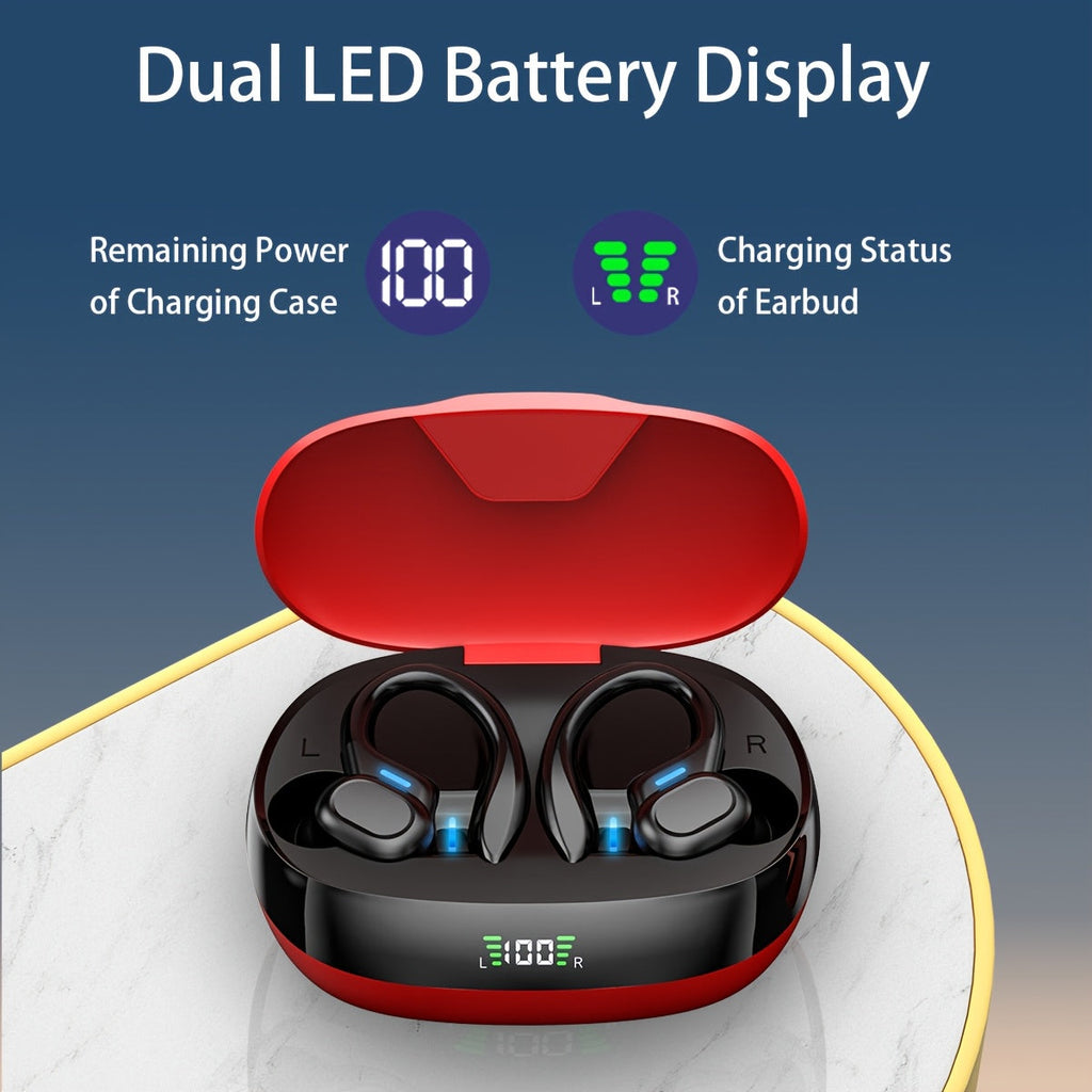True Wireless Earbuds (TWS) with Mic - Sport Earhook, Stereo In-Ear Headphones with LED Display Charging Case for Running & Sports - Red & Black
