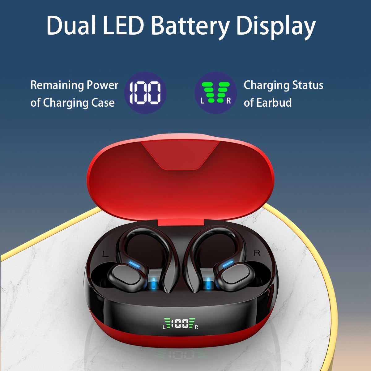 True Wireless Earbuds (TWS) with Mic - Sport Earhook, Stereo In-Ear Headphones with LED Display Charging Case for Running & Sports - Red & Black