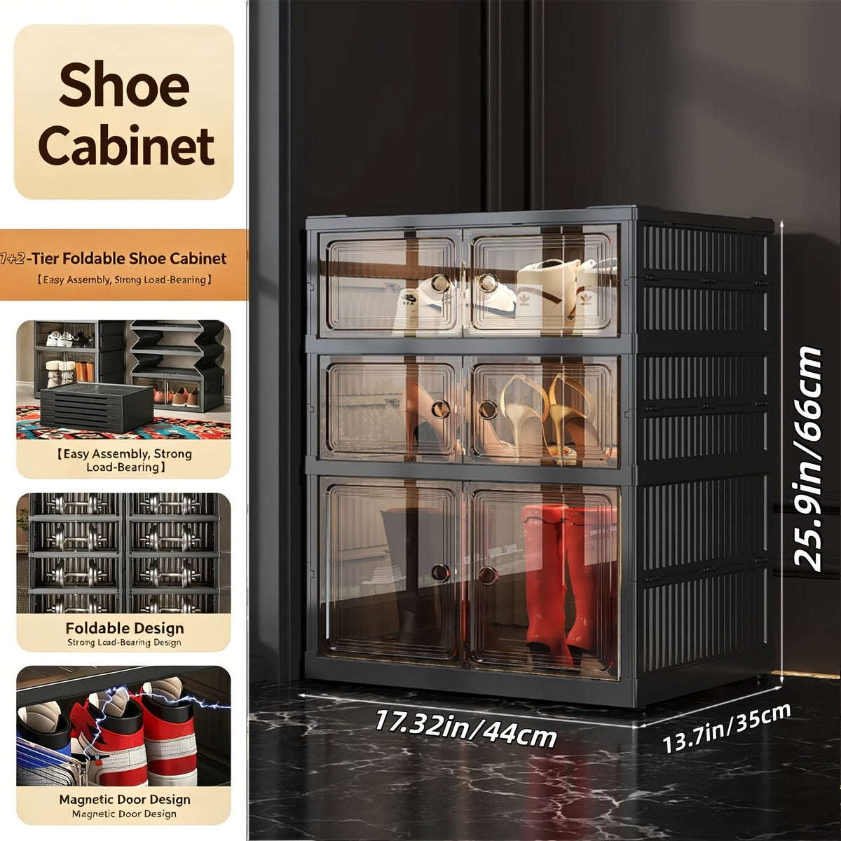 Foldable Transparent Shoe Cabinet 3/6/9 Tier, Magnetic Dust-Proof Doors, 62.5" Tall, No-Tool Assembly, Modular Stackable Shoe Storage Organizer for Entryway Closet Bedroom Dorm, Display Shoe Box