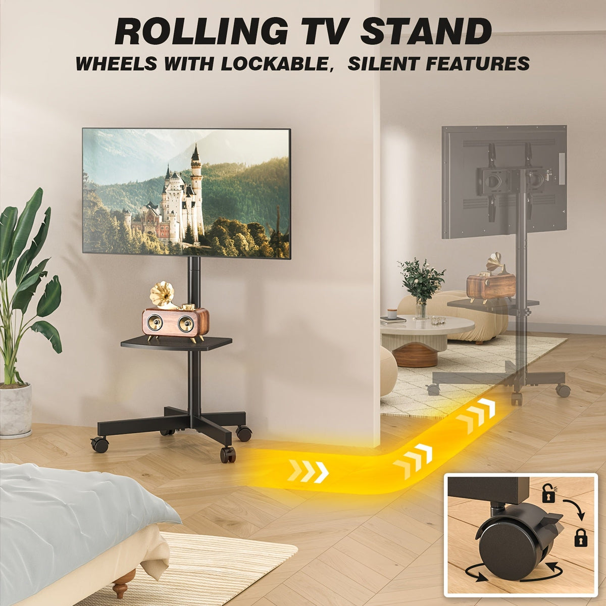 Rolling TV Stand with Wheels Height Adjustable 88 Lbs 23–60 In VESA 400x400 3-Level Height Tilt Swivel Lockable Casters Cable Management for Living Room – White
