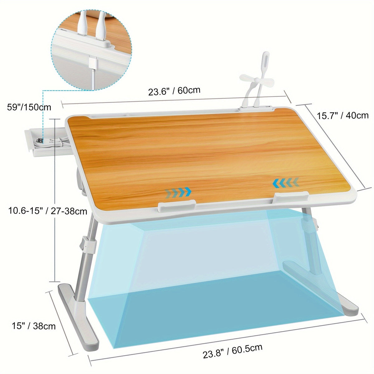 Lap Desk Bed Tray Table with USB Light, Fan & Drawer – Adjustable Portable Laptop Stand for Bed, Couch, Sofa; Laptop Desk for Reading, Writing, Eating – 10 Colors & Sizes