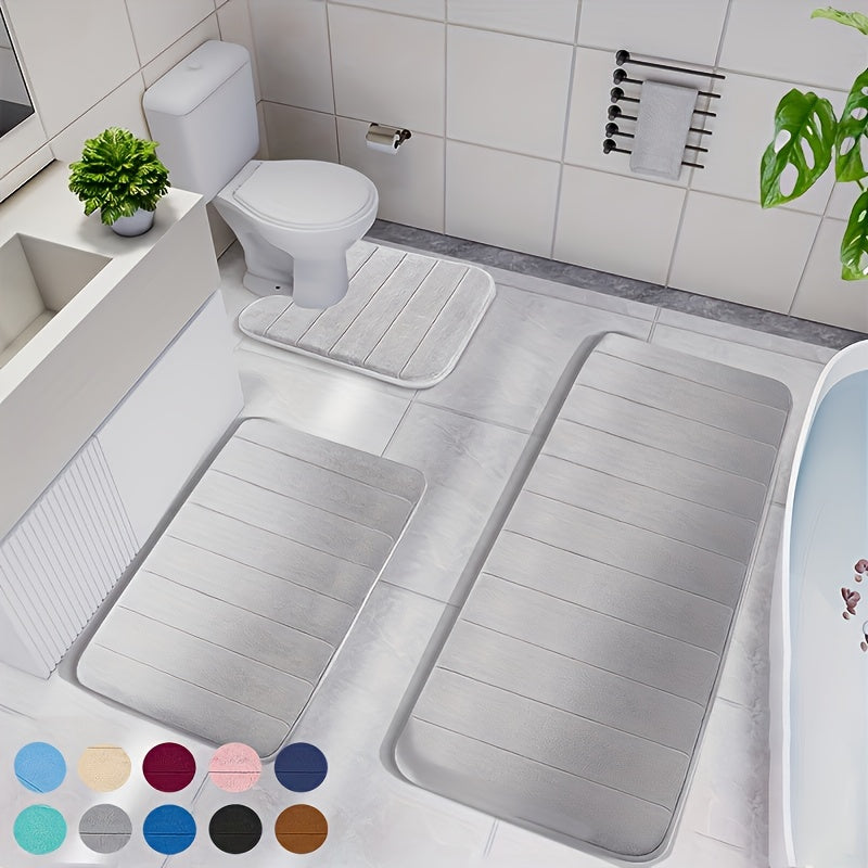 3-Piece Memory Foam Striped Bath Mat Set - Non-Slip, Thickened, Quick-Dry & Machine Washable - Soft Bathroom & Shower Room Mats - 10 Colors
