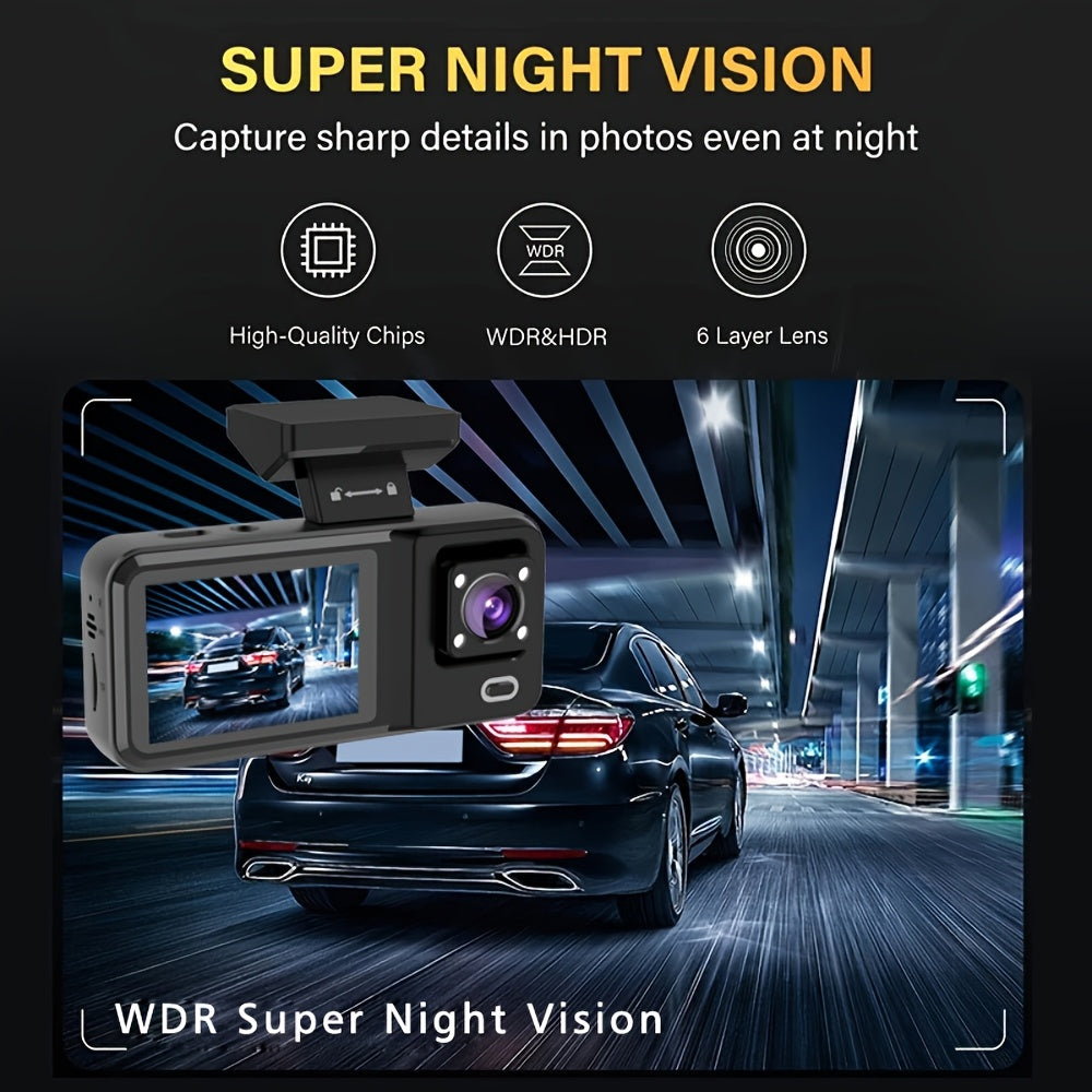 3-Channel Dash Cam Front, Rear & Inside 1080P+1080P+1440P – Free 64GB SD Card, Super Night Vision, Loop Recording, G-Sensor, Motion Detection & 24-Hour Parking Mode