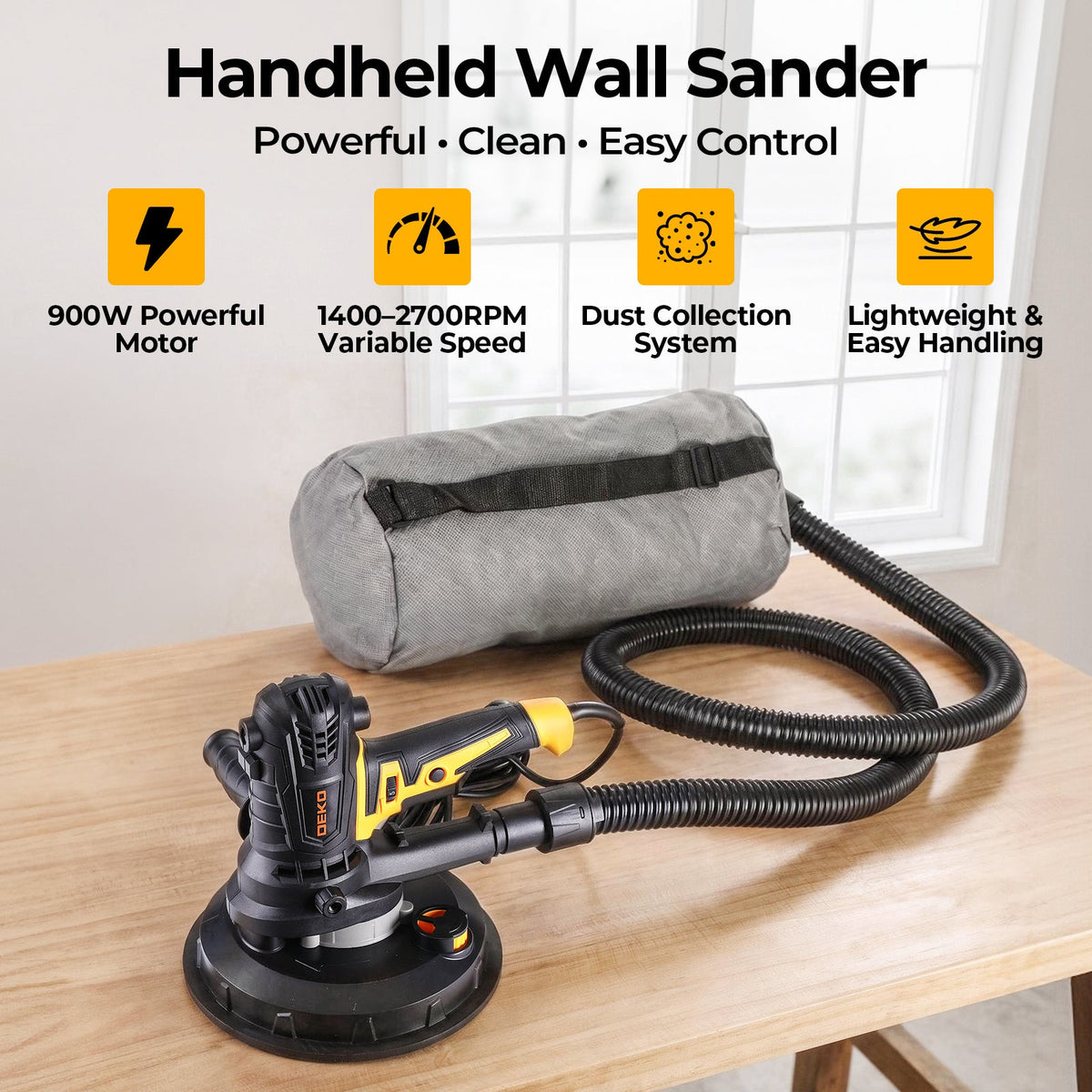 7.5Amp Drywall Sander 900W, Variable Speed 1400-2700RPM, 175mm Sanding Pad, Dust Collection Bag & Hose, 12 Sanding Discs Included, for Wall Ceiling Paint Removal & Finishing