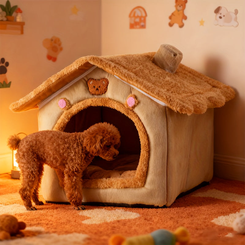 Cute House Dog Bed for Small Dogs - Warm Winter Plush Thick Cushion Pet House Bed for Teddy, Chihuahua, Pomeranian, Bichon, Schnauzer, and Bulldog, Indoor Cozy Sleeping Nest