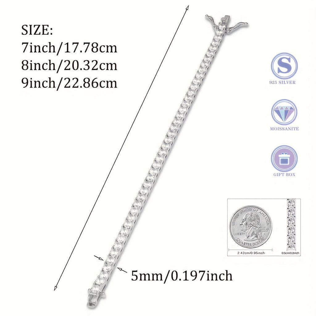 925 Sterling Silver 5mm Moissanite Tennis Bracelet – Sparkling Lab-Grown Diamond Hip Hop Luxury Jewelry Gift for Women, Ideal for Banquets, Weddings, Anniversaries, Birthdays, Christmas, and Mother's Day