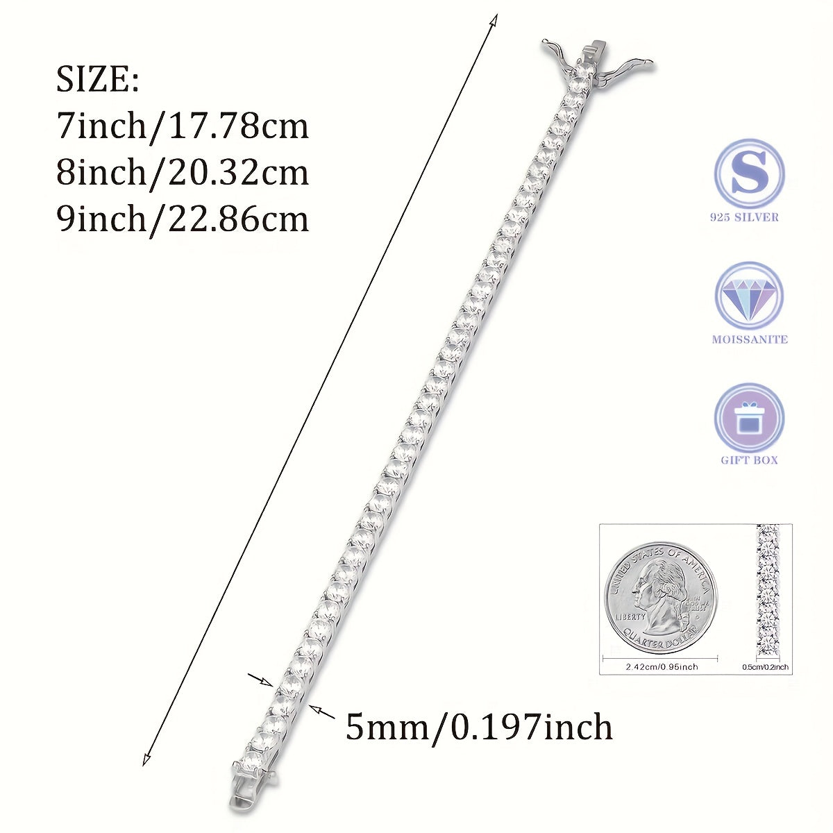 925 Sterling Silver 5mm Moissanite Tennis Bracelet – Sparkling Lab-Grown Diamond Hip Hop Luxury Jewelry Gift for Women, Ideal for Banquets, Weddings, Anniversaries, Birthdays, Christmas, and Mother's Day