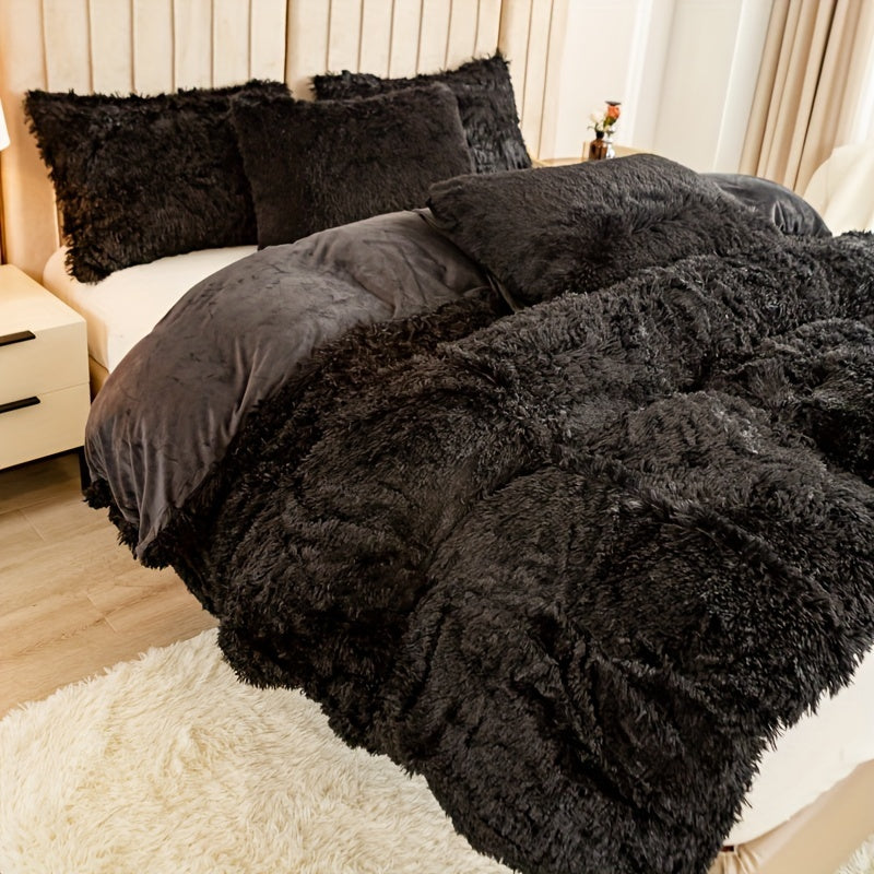 Plush Duvet Cover Set 3 Piece, Long Hair Knitted Polyester, Solid Color Fuzzy Comforter Cover with Zipper Closure, All-Season Soft Cozy Bedding Set for Bedroom, Multiple Colors Available