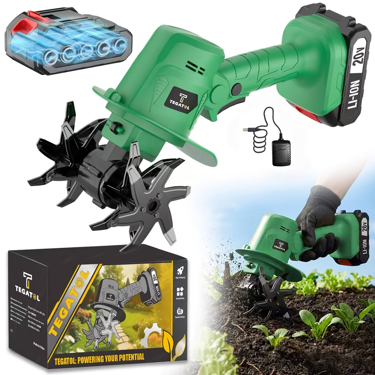 Cordless Electric Tiller Cultivator 20V, 9-Inch Tilling Width 4-Inch Depth, Lightweight Handheld Rototiller for Raised Bed Garden, Plowing Sowing Soil Loosening, 1 or 2 Battery Options