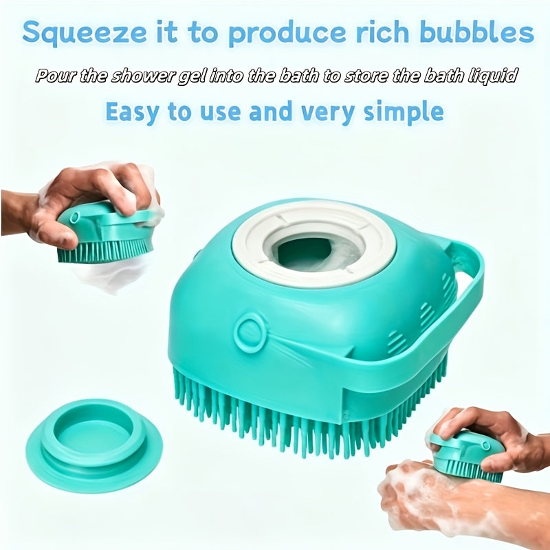 Pet Grooming Bath Brush with Built-In Shampoo Dispenser, Dog and Cat Massage Brush, De-shedding Scrubber, Ergonomic Handle, Soft Silicone Bristles for Bathing Dogs and Cats, Blue