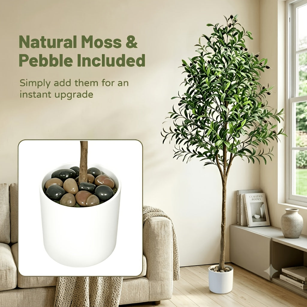 6FT Artificial Olive Tree Indoor – Faux Olive Tree with Natural Wood Trunk Realistic Leaves Lifelike Fruits & Cobblestone Base for Home Living Room & Office Decor